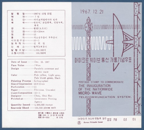우표발행안내카드 - 1967년 마이크로 웨이브 통신 개통(접힘 없음)