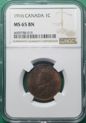 캐나다 1916년1센트 청동 - NGC MS 65 BN 최고등급
