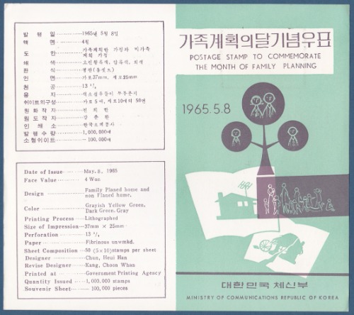 우표발행안내카드 - 1965년 가족계획의 달(접힘 없음)