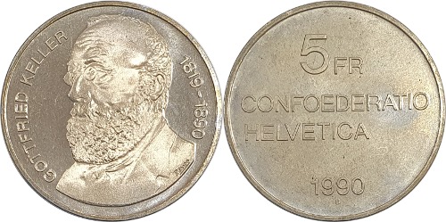 스위스 1990년 5 프랑(기념주화) - 미사용(B급)