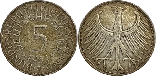 독일 1951년(J) 5 마르크 은화