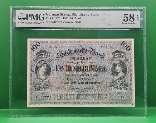 독일  STATES, SACHSISCHE BANK 1911년 100 MARK - PMG 58 EPQ