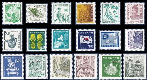 단편 - 1966년~1969년 제2차 국산백지 보통우표 18종 풀세트