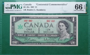 캐나다 1967년 1달러 BC-45a 기념지폐- PMG66등급