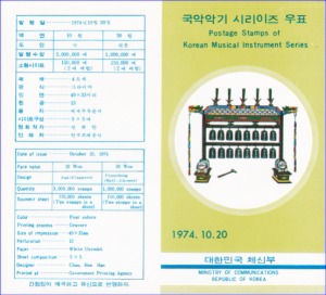우표발행안내카드 - 1974년 국악악기시리즈 5집(접힘 없음)