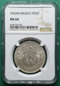 멕시코 1943M 1페소 은화 - NGC MS64