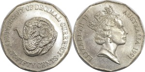 호주 1991년 50 센트(10진법사용 25주년 기념)