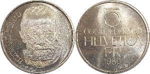 스위스 1980년 5 프랑(기념주화) - 미사용(B급)