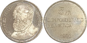 스위스 1990년 5 프랑(기념주화) - 미사용(B급)