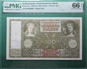 네덜란드 1942-44년 100굴덴 - PMG 66EPQ