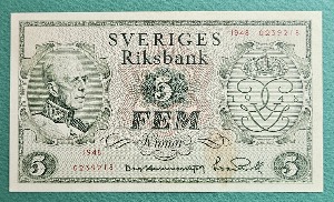 스웨덴 1948년 5크로네 기념지폐 - 극미+ ~ 준미