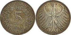 독일 1951년(J) 5 마르크 은화