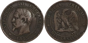 프랑스 1853년(B) 10 상팀(설명 참조)