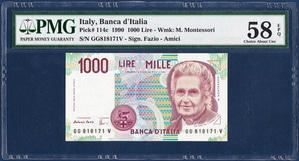 이탈리아 1990년 1,000리라 - PMG58등급