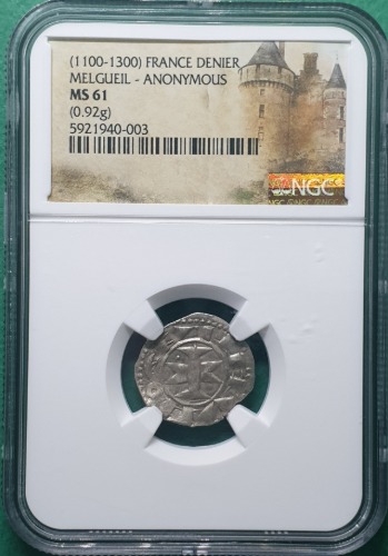 프랑스 1100-1300년 랭귁 멜고움 군 ANONYMOUS AR 고대 은화 -- NGC MS 61