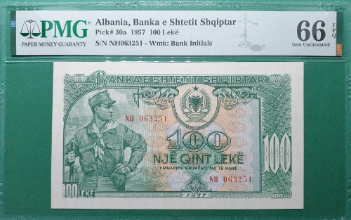 알바니아 1957년100레이크 - PMG66등급