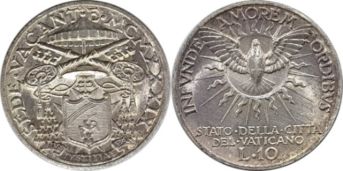 바티칸시티 1939년 10 리라 은화 - 준미