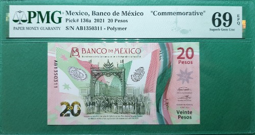 멕시코 2021년 20 PESOS 기념지폐 - PMG 69 EPQ