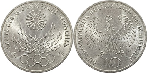 독일 1972년(J) 10 마르크 은화(뮌헨올리픽 기념) - 미사용(B급)