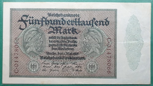 독일 1923년 500,000 MARK  WATERMARK-  미품