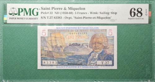 1950-60년 생 피에르 미켈론 SAINT PIERRE &amp; MIQUELON 5프랑 -  PMG 68EPQ
