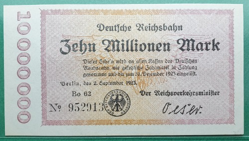 독일 1923년 GERMANY RAILWAY NOTE 10 MILLION MARK - 미사용-