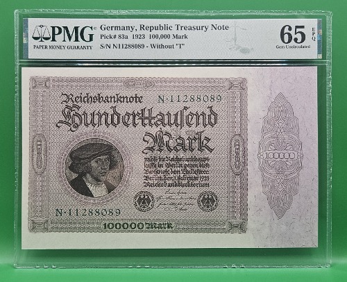 독일 REPUBLIC TREASURY NOTE 1923년 100,000 MARK - PMG 65EPQ