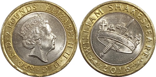 영국 2016년 2 파운드(윌리엄 셰익스피어 서거 400주년 기념)
