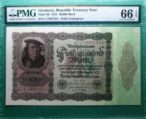 독일 1922년 50,000 마르크 Pick No. 80번 LARGE지폐-  PMG 66EPQ