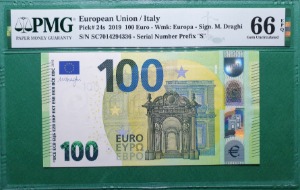 유럽연합 / 이탈리아 2019년 100유로 serial number &quot;S&quot;- PMG 66 EPQ