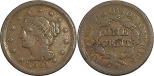 미국 1851년 1 센트(Liberty Head/Braided Hair Cent)