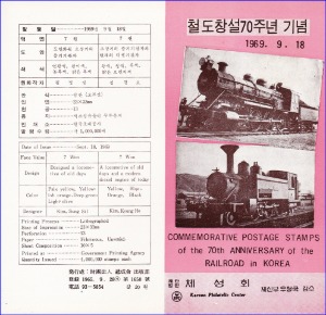 우표발행안내카드 - 1969년 철도창설 70주년(접힘 없음)