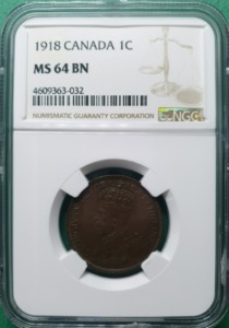 캐나다 1918년1센트 청동 - NGC MS 64 BN