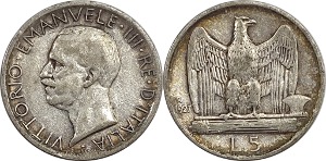 이탈리아 1927년(R) 5 리라 은화