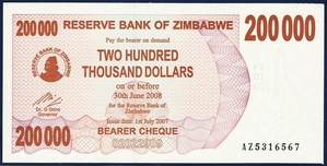 짐바브웨 2008년 200,000달러 - 미사용