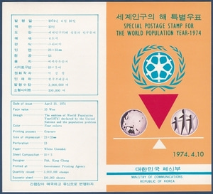 우표발행안내카드 - 1974년 세계인구의 해(접힘 없음)