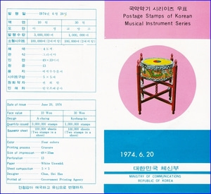 우표발행안내카드 - 1974년 국악악기 시리이즈 3집(접힘 없음)