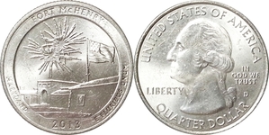 미국 뷰티풀 시리즈 쿼터달러 - 매켄리요새 국립천연기념물 역사성지(2013년, D)